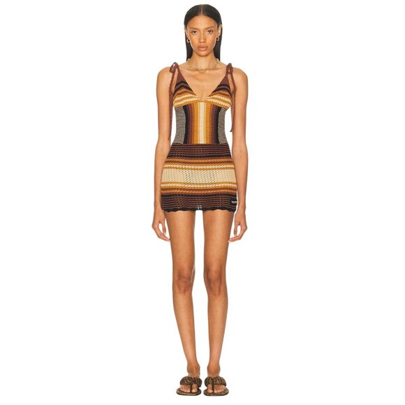 THE ATTICO Mini Dress in Brown Shades New Womens Crochet Knit - Picture 5 of 17